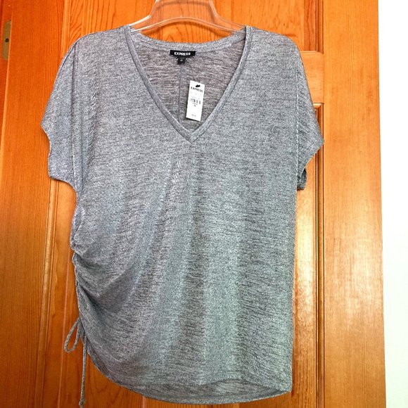 Express V-Neck Short Sleeve Loose Fitting Tee Silver - Gray XS  NWT - Picture 1 of 4